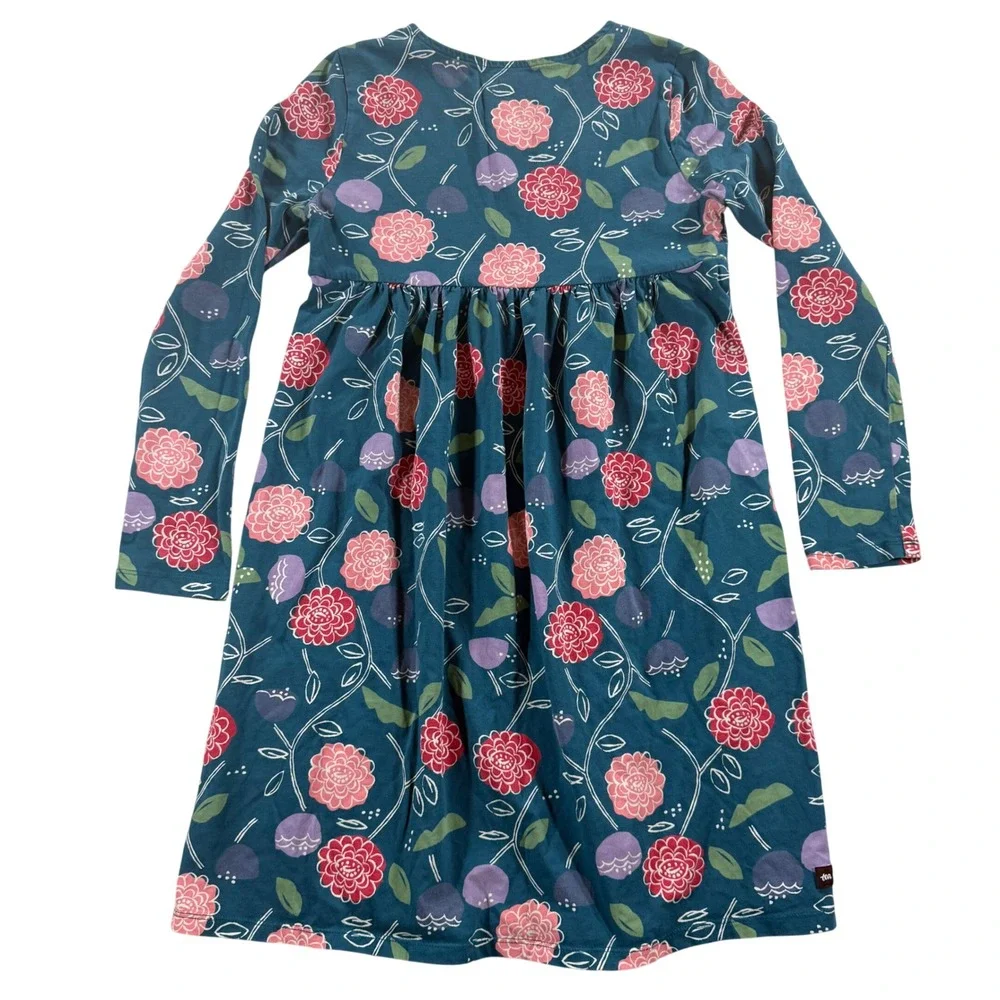 Tea Collection Girls‎ Teal Pink Floral Long Sleeve Empire Waist Dress 10